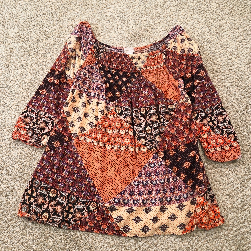 BAND OF GYPSIES Women's Small Floral Patchwork Babydoll Tunic Top Boho Smocked
